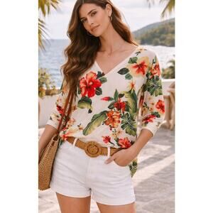 Joan Vass NY Tropical Floral V-Neck Sweater L Island Print Vacation Resort Retro